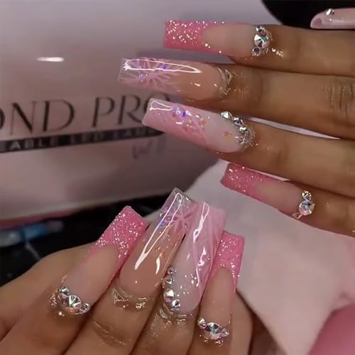 TBRZTR Christmas Pink French Tip Press on Nails Long Artificial Acrylic Fake Nails Snowflake Rhinestone Design Full Cover Coffin Glossy False Nails, DIY Stick on Nails Set, Glue on Nails for Women