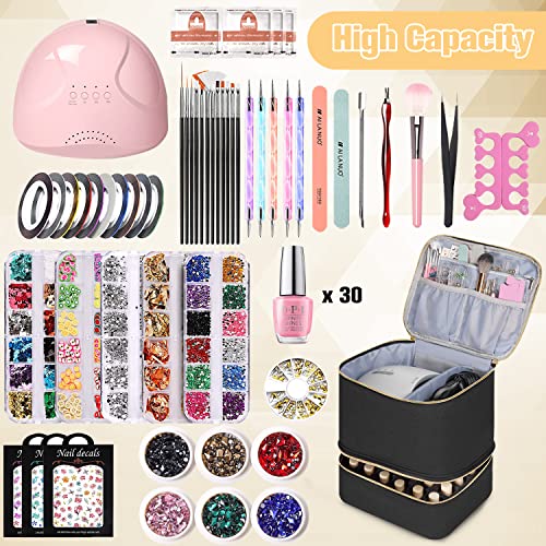 TDIFFUN Nail Polish Organizer and Nail Dryer Case, Double-Layer Nail Polish Storage Holds 30 Bottles (15ml/0.5 fl.oz) and 1 Led Nail Lamp, Travel Carrying Case for Nail Polish Kit Set (Canvas Black) - Image 2