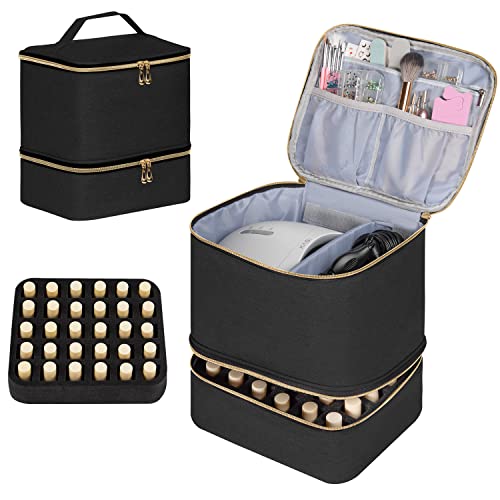 TDIFFUN Nail Polish Organizer and Nail Dryer Case, Double-Layer Nail Polish Storage Holds 30 Bottles (15ml/0.5 fl.oz) and 1 Led Nail Lamp, Travel Carrying Case for Nail Polish Kit Set (Canvas Black)
