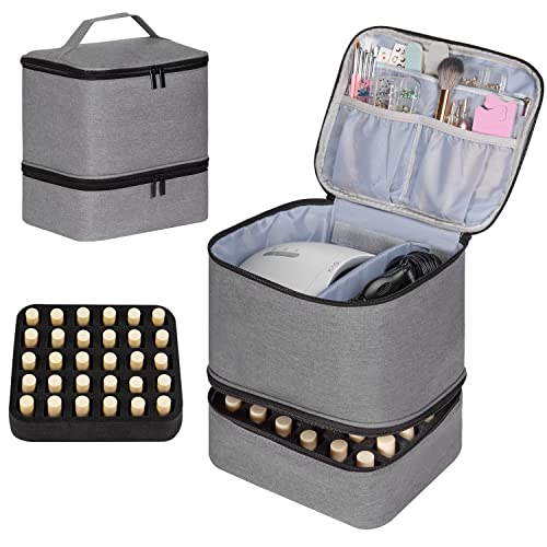 TDIFFUN Nail Polish Organizer and Nail Dryer Case, Double-Layer Storage Holds 30 Bottles (15ml/0.5 fl.oz) and 1 Led Nail Lamp, Travel Carrying Case for Nail Polish Kit Set (Grey)