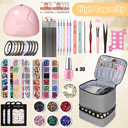TDIFFUN Nail Polish Organizer and Nail Dryer Case, Double-Layer Storage Holds 30 Bottles (15ml/0.5 fl.oz) and 1 Led Nail Lamp, Travel Carrying Case for Nail Polish Kit Set (Grey) - Image 2