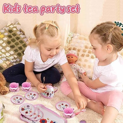 Tea Set for Little Girls, Birthday Gift for Age 3 4 5 6 Year Old, Toddler Toys Tea Party Set for Little Girls, Princess Kids Kitchen Pretend Toy with Tin Tea Set, Desserts & Carrying Case - Image 7