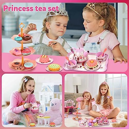 Tea Set for Little Girls, Birthday Gift for Age 3 4 5 6 Year Old, Toddler Toys Tea Party Set for Little Girls, Princess Kids Kitchen Pretend Toy with Tin Tea Set, Desserts & Carrying Case - Image 8