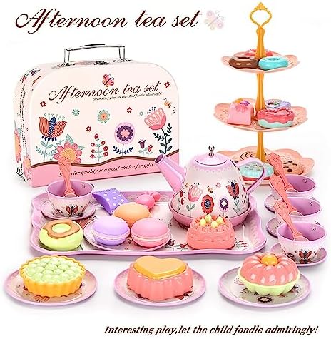 Tea Set for Little Girls, Birthday Gift for Age 3 4 5 6 Year Old, Toddler Toys Tea Party Set for Little Girls, Princess Kids Kitchen Pretend Toy with Tin Tea Set, Desserts & Carrying Case - Image 9