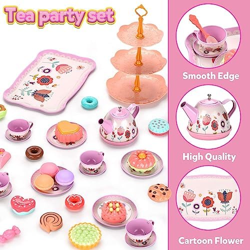 Tea Set for Little Girls, Birthday Gift for Age 3 4 5 6 Year Old, Toddler Toys Tea Party Set for Little Girls, Princess Kids Kitchen Pretend Toy with Tin Tea Set, Desserts & Carrying Case - Image 5