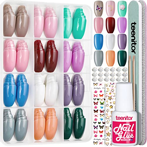 Teenitor Medium Coffin Press On Nails, 12 Color Press On Coffin Nails Set, 288pcs Glossy Press On Nails Coffin Glue On Nails Medium Length, Press On Nails with Glue