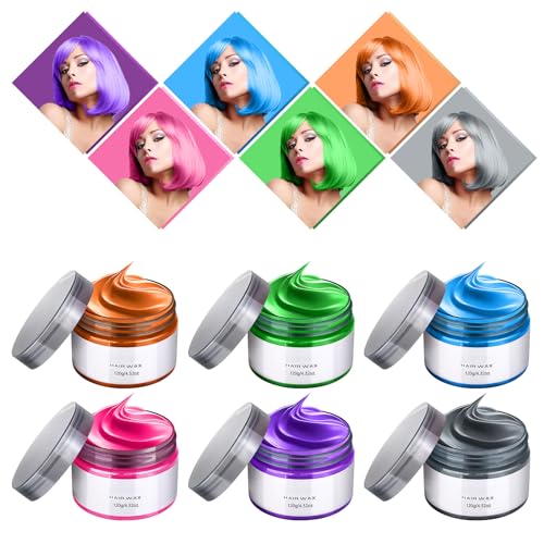 Temporary Hair Color Wax, 6pcs Hair Color Dye for Kids Fashion Hair Wax Pomades Disposable Natural Hair Strong Style Gel Cream Hair Dye, Instant Hair Spray Dye Hairstyle Mud Cream for Party, Cosplay