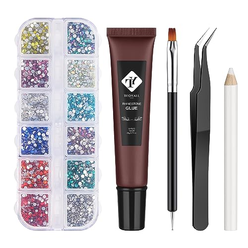 TEOYALL Nail Rhinestones Kit, 3600 PCS Flat Back Glass Crystal Gems 3 Size SS3-SS8 (1.3mm-2.5), Nail Gel Glue 20g, Nail Brush Picker Tweezer for Nail Art Design Home Salon Uses (12 Colors)