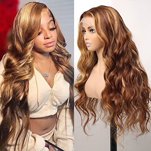 TESLAL Honey Blonde Lace Front Wigs 13x4 Ombre HD Lace Front Wig Human Hair Pre Plucked with Baby Hair 210% Density Highlight Loose Body Wave Human Hair Closure Lace Glueless Wig（20 inch）