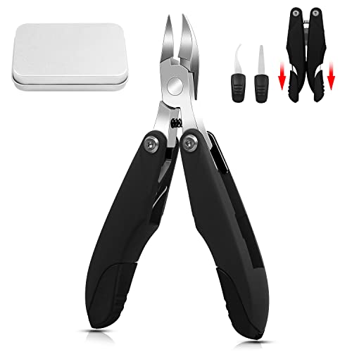 Toe Nail Clippers for Ingrown Thick Toenails, 3 in 1 Folding Portable Heavy Duty ToeNail Cutter, Professional Precision Nail Clippers for Seniors Men Women, Long Handle, Black