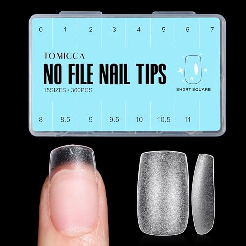 TOMICCA Short Square Nail Tips, 360Pcs Soft Tips, 15 Sizes Double-sided Matte Full Cover Gel False for Extensions and Professional DIY Nail Salon