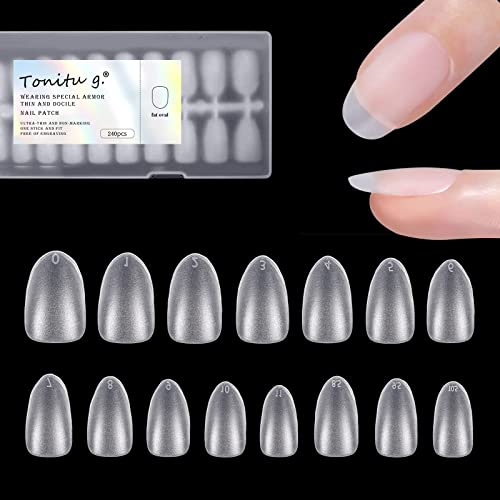 Tonitu G Gel Soft Nail Tips Kit Wide Oval 240 Count 15 Sizes Pre-Polished Ultra Fit and Natural Full Coverage Acrylic False Nails with Box For Home DIY Nail Salons Easy Nail Extensions Gel Nail Art