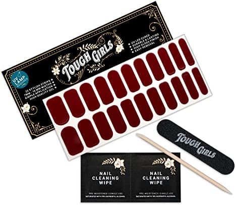 TOUGH GIRLS | 22 Semi-Cured Gel Nail Polish Strips | Brighter, Thicker, Tougher | UV LED Lamp Use Required | Includes Cuticle Stick, Nail File, Nail Wipes (Burgundy)