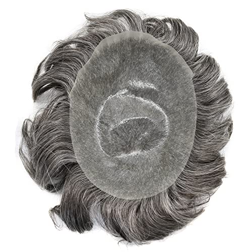 Toupee for Men Human Hair Pieces Ultra Thin Skin Mens Toupee Hair Replacement System Mens Hair Units for Men (1B50# 1B# Off Black+50% Sythetic Grey-100% Light to Medium Density, 6"x8")