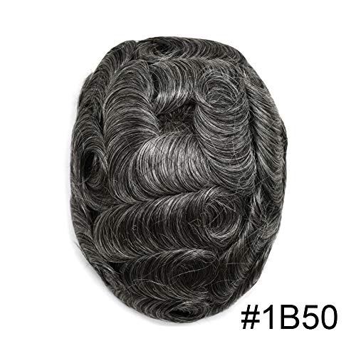 Toupee for Men Human Hair Pieces Ultra Thin Skin Mens Toupee Hair Replacement System Mens Hair Units for Men (1B50# 1B# Off Black+50% Sythetic Grey-100% Light to Medium Density, 6"x8") - Image 2