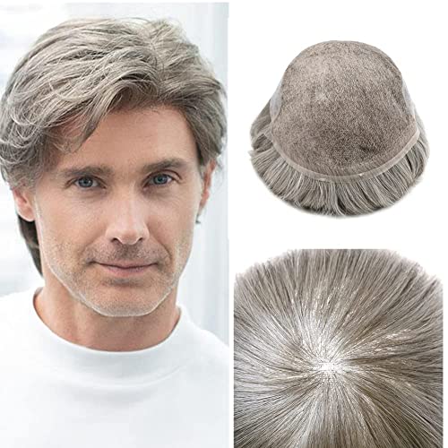 Toupee for men Swiss lace Front Bleached Knots Natural Hairline Mens Toupee Human Hair Replacement Systems Handmade Hairpieces For Men Gray Black Brown Men Hair Units. (7X9"-100% Light to medium Density, 380# Dark Brown with 65% Synthetic Grey) - Image 7