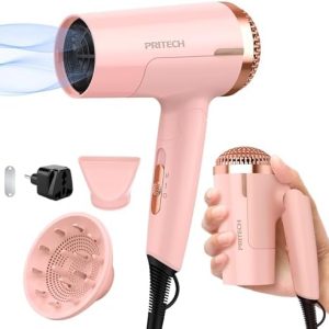 Travel Diffuser Hair Dryer, PRITECH Dual Voltage Hair Dryer with Diffuser,Foldable Mini Compact Blow Dryer with Concentrator,1200W Hairdryer Professional with European Plug for Worldwide Use