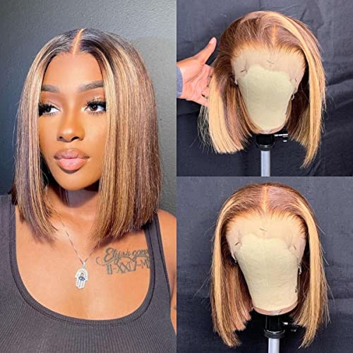 U&A 13x6 Deep Part HD Highlight 27 Colored Short Bob Lace Front Wigs Human Hair Brazilian Invisible Lace Front Wigs Pre Plucked With Baby Hair For Fashion Women (8 inch)