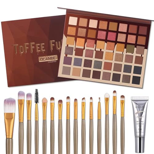UCANBE Toffee Fusion 48 Color Eyeshadow Palette with 15 Brushes and Primer Neutral Matte Shimmer Glitter Makeup Kit