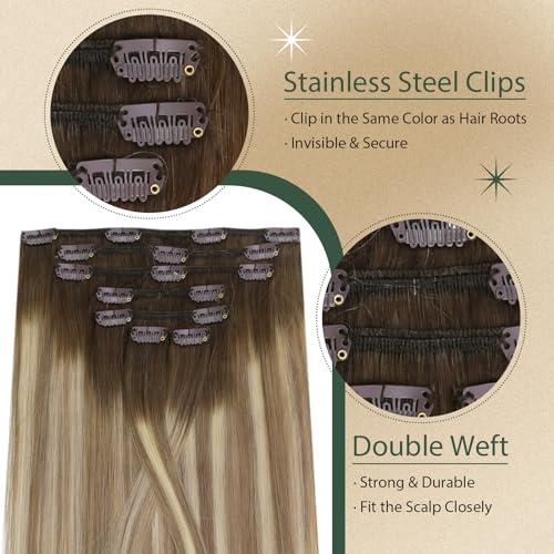 Ugeat 18 Inch Ombre Clip-In Human Hair Extensions Dark Brown to Ash Blonde Balayage 7pc Set 120g - Image 2