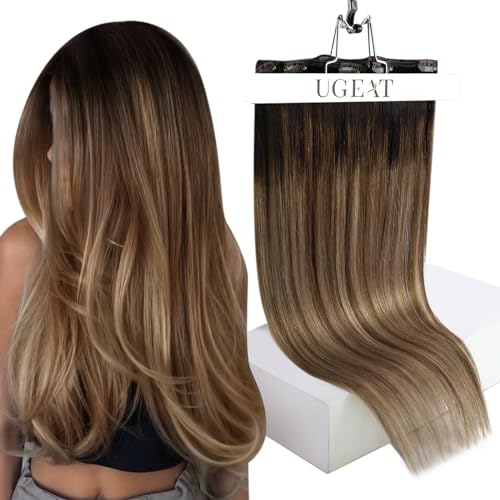 Ugeat Ombre Clip-In Human Hair Extensions Dark Brown to Chestnut Brown Mix 16 Inch 120g 7pcs
