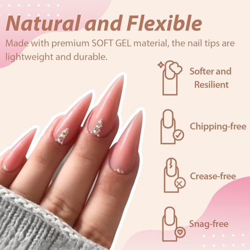 UNA GELLA Long Stiletto Gel X Nail Tips Full Cover 504PCS Pre-shape Long Stiletto Almond Fake Clear Nails Tips No Need File Stiletto Gel Tips No C Curve for Nail Extension DIY Art Salon 12 Sizes - Image 3