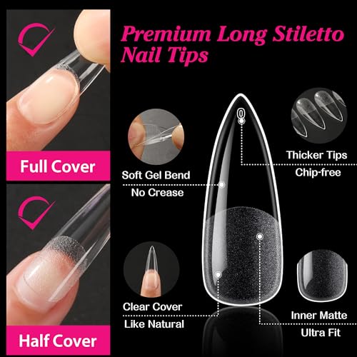 UNA GELLA Long Stiletto Gel X Nail Tips Full Cover 504PCS Pre-shape Long Stiletto Almond Fake Clear Nails Tips No Need File Stiletto Gel Tips No C Curve for Nail Extension DIY Art Salon 12 Sizes - Image 4