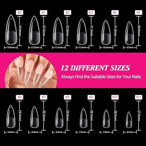 UNA GELLA Long Stiletto Gel X Nail Tips Full Cover 504PCS Pre-shape Long Stiletto Almond Fake Clear Nails Tips No Need File Stiletto Gel Tips No C Curve for Nail Extension DIY Art Salon 12 Sizes - Image 6