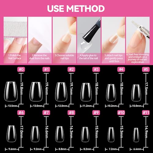 UNA GELLA Short Coffin Nail Tips 216pcs Short Coffin Press On Nails 12 Sizes Short Coffin Gel X Nail Tips Full Cover Nail Tips Soft Gel Acrylic Clear Fake Nails Extension for Home DIY Nail Salon - Image 6