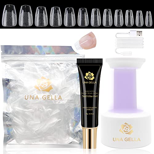 UNA GELLA 504 Pcs Short Coffin Nail Tips and Glue Gel Kit with Integrated Lamp