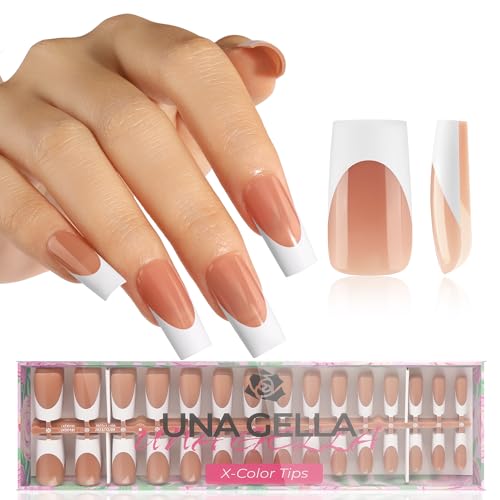 UNA GELLA Square French Tips Press On Nails Brown 150Pcs French Gel Nail Tips Long Square Soft Gel French Tip Nails No Need File 15 Sizes Glue On Nails Extensions Kit Nail Art