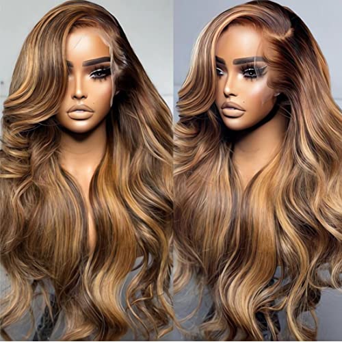 UNICE 12A Ombre Highlight 13x4 Lace Front Human Hair Wig 180% Density Body Wave Brown Blonde #TL412 Color, Brazilian Remy Hair Lace Frontal Wig Pre Plucked with Baby Hair for Women 14inch