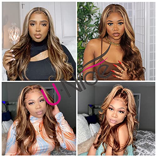 UNICE 12A Ombre Highlight 13x4 Lace Front Human Hair Wig 180% Density Body Wave Brown Blonde #TL412 Color, Brazilian Remy Hair Lace Frontal Wig Pre Plucked with Baby Hair for Women 14inch - Image 6