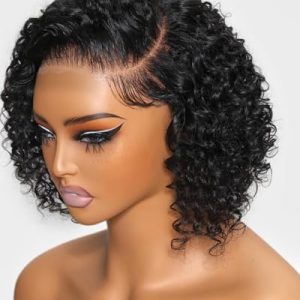 UNICE 8 inch Short Curly Beyond Basics Bob Wig Human Hair Bye Bye Knots Glueless Wigs Pre Plucked Pre Cut 7x5 HD Lace Closure Ready to Go Wig Black Color