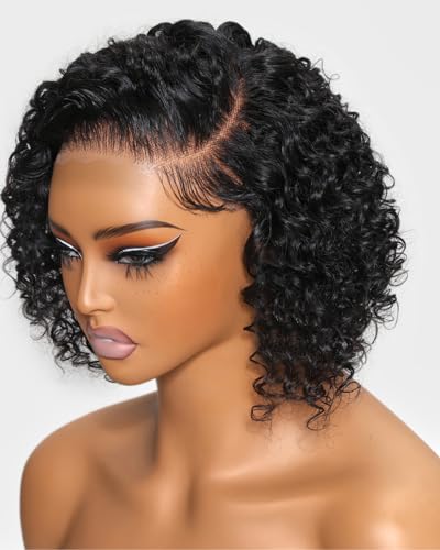 UNICE 8 inch Short Curly Beyond Basics Bob Wig Human Hair Bye Bye Knots Glueless Wigs Pre Plucked Pre Cut 7x5 HD Lace Closure Ready to Go Wig Black Color