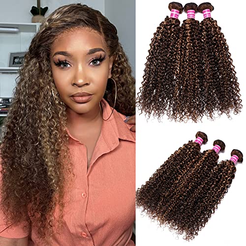 UNICE Brown Blonde Highlight Jerry Curly 3 Bundle Human Hair Weave 8 10 12 Inch Brazilian Remy Sew-in Extension