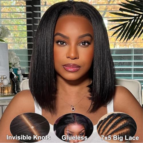 UNICE Bye Bye Knots Wig Yaki Kinky Straight Bob Wigs Human Hair Pre Bleached Invisible Knots 7x5 Lace Front Wigs Human Hair Pre Everything Glueless Wigs Pre Plucked Pre Cut Lace 14 inch - Image 2