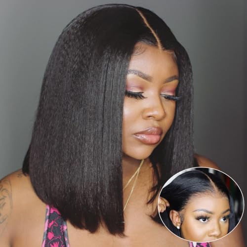 UNICE Bye Bye Knots Wig Yaki Kinky Straight Bob Wigs Human Hair Pre Bleached Invisible Knots 7x5 Lace Front Wigs Human Hair Pre Everything Glueless Wigs Pre Plucked Pre Cut Lace 14 inch - Image 9