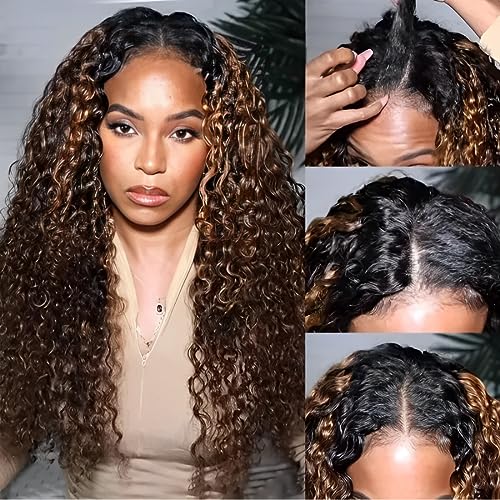 UNICE Balayage Brown Highlight Curly V Part Human Hair Wig 20 Inch Beginner Friendly