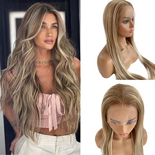 Upgrade - Highlight Straight Lace Front Wig human Hair Wig for Women,12*4 Lace Human Hair Wigs 100% Remy Brazilian Virgin Hair Ombre Blonde HD Lace Wig,Pre Plucked with Baby Hair Natural Hairline 150% Density (8/18/60)