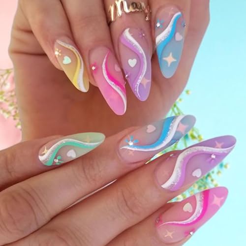 Valentine's Day Press on Nail Long Almond Fake Nails Colorful Heart with Rhinestones Glitter Full Cover Stick on Nails with Glue Glossy Designs Acrylic False Nails for Women Girls DIY Valentines Day