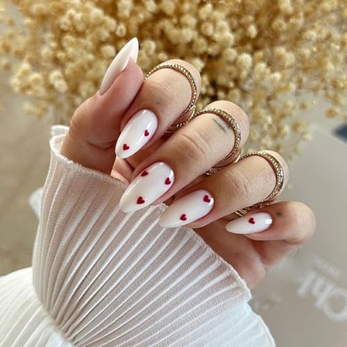Valentine’s Day Press on Nails Almond Fake Nails White False Nails with Red Heart Design Medium Length Acrylic Nails Glossy Glue on Nails Cute Heart Stick on Nails for Women Girls Manicure Decoration