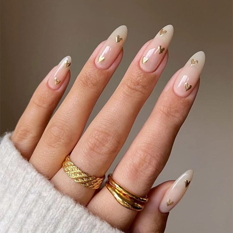 Valentine's Day Press on Nails Almond Medium Length Nude Fake Nails with Exquisite Luxury Gold Heart Designs False Nails Fashion Romantic Love Glue on Nails Acrylic Nails for Women 24PCS