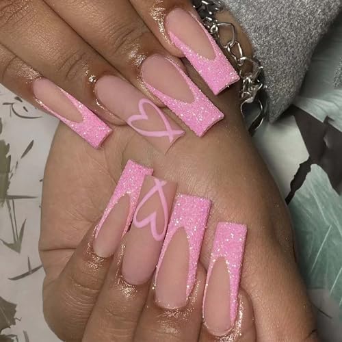 Valentines Day Press on Nails French Tip Press on Nails Long Square Fake Nails with Design Pink Heart Press on Nails, Long Stick on Nails Press ons with Adhesive Tabs, 24pc Pink Nails