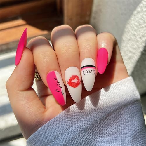 Valentine’s Day Press on Nails Hot Pink Fake Nails Long Stiletto Press on Nails with LOVE & Kiss Designs Glossy Acrylic Nails Full Cover Stick on Nails for Women and Girls Valentines Day Manicure 24Pc