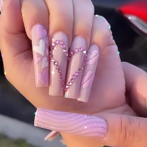 Valentine’s Day Press on Nails Long Coffin Fake Nails with Design Rhinestone Stick on Nails Bling Pink Acrylic Nails Love Heart Glue on Nails Full Cover Matte False Nails for Women Manicure 24Pcs