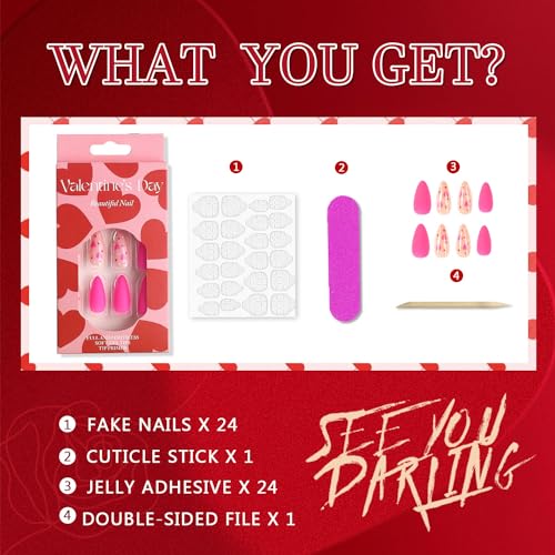 Valentine's Day Press On Nails Medium Almond Heart Fake Nails,Barbie Pink Hearts Design Frosted Gel Acrylic Nails Kit, Valentines Day Nail Accessories Decorations 24Pcs (BarbiePinkHeart) - Image 3