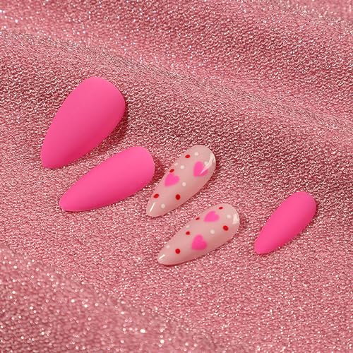 Valentine's Day Press On Nails Medium Almond Heart Fake Nails,Barbie Pink Hearts Design Frosted Gel Acrylic Nails Kit, Valentines Day Nail Accessories Decorations 24Pcs (BarbiePinkHeart) - Image 4