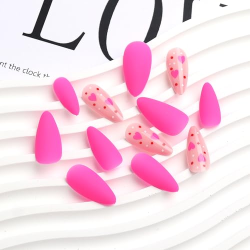 Valentine's Day Press On Nails Medium Almond Heart Fake Nails,Barbie Pink Hearts Design Frosted Gel Acrylic Nails Kit, Valentines Day Nail Accessories Decorations 24Pcs (BarbiePinkHeart) - Image 2