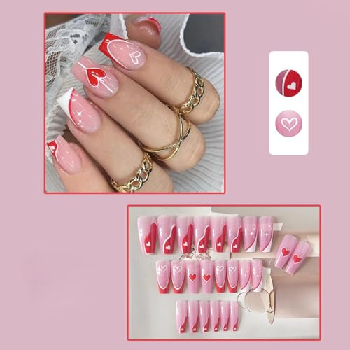Valentine's Day Press on Nails Medium Length - French Tip Press on Nails Red Heart Deigns Glossy Pink Fake Nails with Square Valentine's Acrylic Nails Full Cover False Nails for Women and Girls 24 Pcs - Image 4
